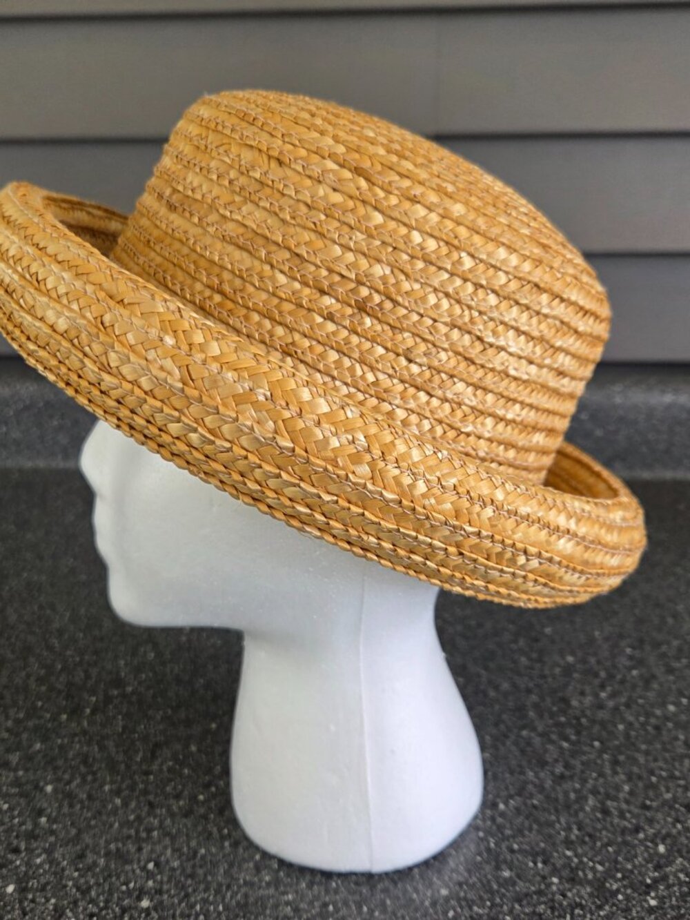 Straw Boater Hat Womens 7 1/4? Tan Rolled Brim Summer Sun Cottagecore